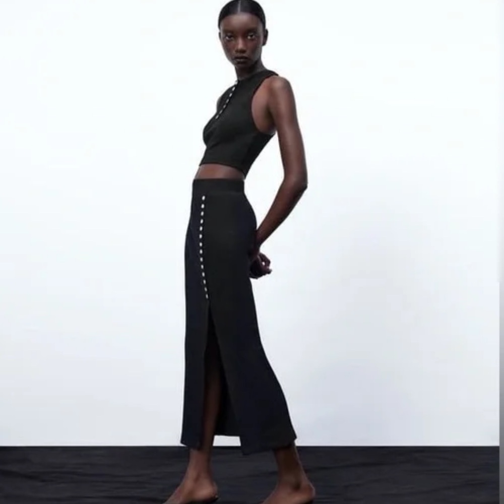 ZARA Pencil Basic Skirt Midi Casual Side Split Ribbed Knit Bodycon Skirt - Picture 2 of 8